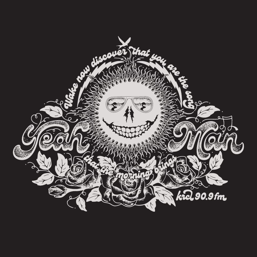 Yeah man with a Grateful Dead inspired filligree. White on black. 